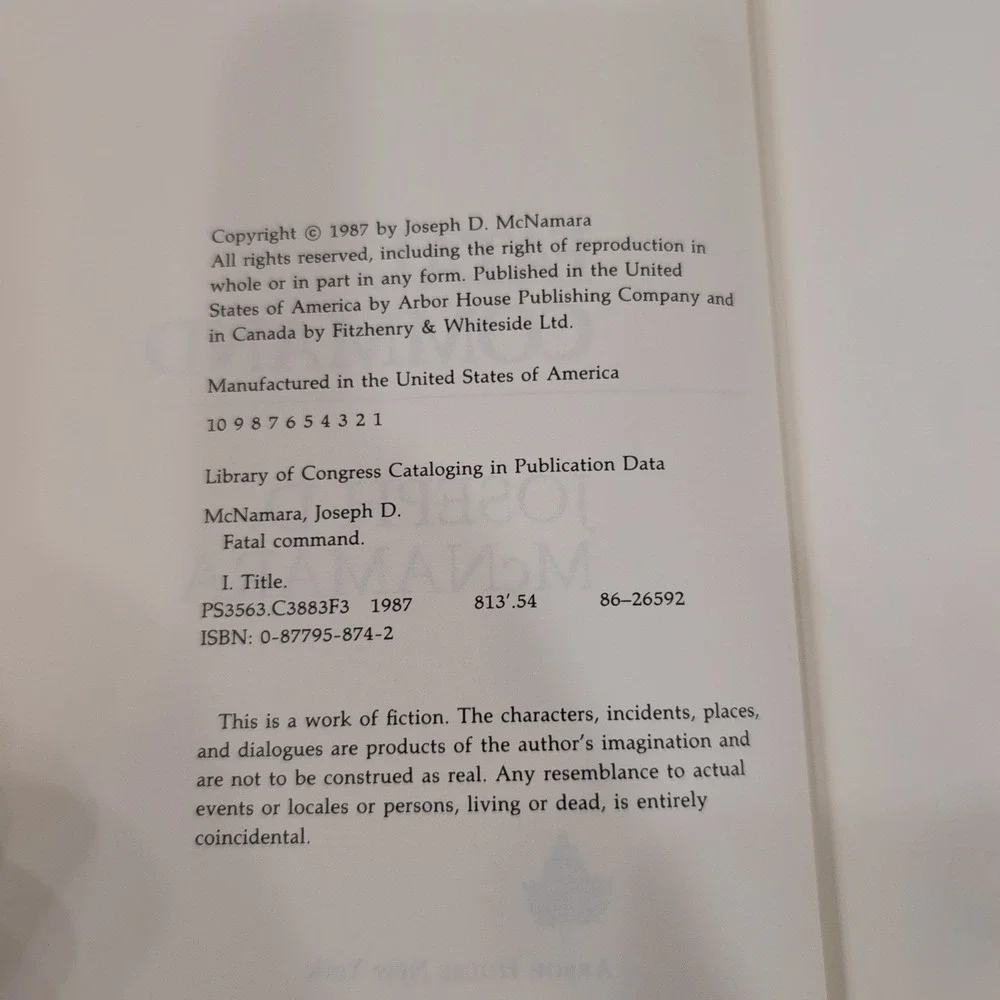 Fatal Command Joseph D McNamara First Edition First Printing 1987 Hardcover Book - Picture 4 of 4